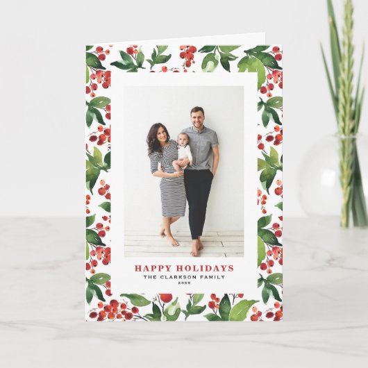 水彩冬の実とグリーン フェスティブ フォト シーズンカード (正面)