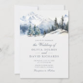 水彩冬の山と松の木の結婚式 招待状 (正面)