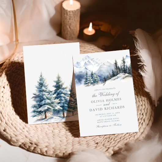 水彩冬の山と松結婚の木 招待状