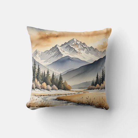 水彩冬の山の谷のシーン クッション (正面)