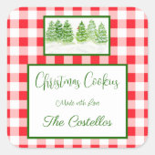 水彩冬の木の赤いチェックのクッキー スクエアシール (正面)