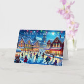 水彩冬の村アイススケータークリスマス 箔シーズンカード (蘭)