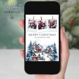 水彩冬の村フォトコラージュクリスマス シーズンカード