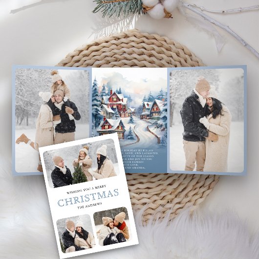 水彩冬の村フォトコラージュクリスマス 三つ折りクリスマスカード