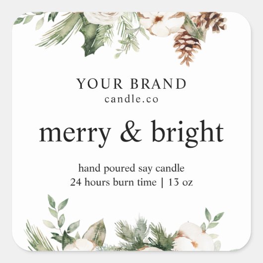 「水彩冬の松と白い花 スクエアシール (正面)