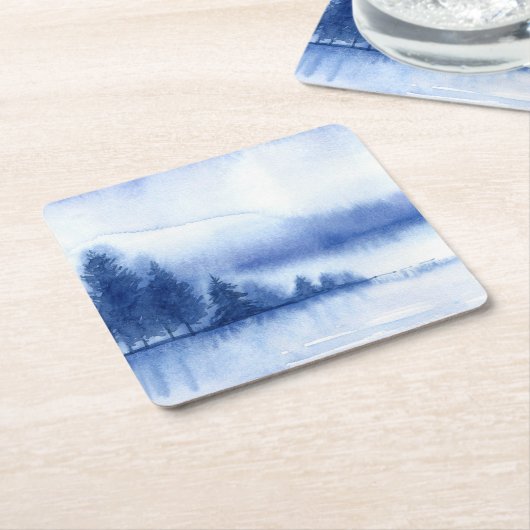 水彩冬の松の木を再利用可能 スクエアペーパーコースター (アングル)