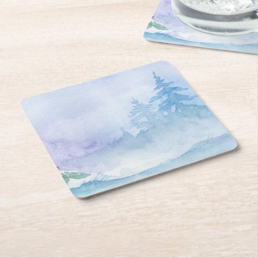 水彩冬の松の木を再利用可能 スクエアペーパーコースター (アングル)