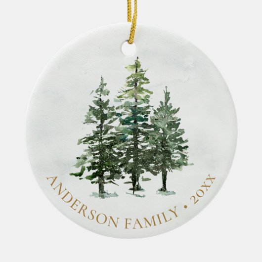 水彩冬の松の木クリスマス写真 セラミックオーナメント (正面)