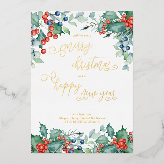 水彩冬の果実ホリー書道金ゴールド 箔シーズンカード (正面)