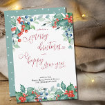 水彩冬の果実ホリー書道 シーズンカード<br><div class="desc">水色の冬の果実と書道とホリーのクリスマスカーエレガントド渦巻形の。このデザインは、冬の果実、ヒイラギ、松、常緑冬の緑を特徴としている。パーソナライズする美しい選択と簡単。</div>