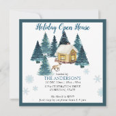 水彩冬の森のキャビンのホリデーオープンハウス 招待状 (正面)