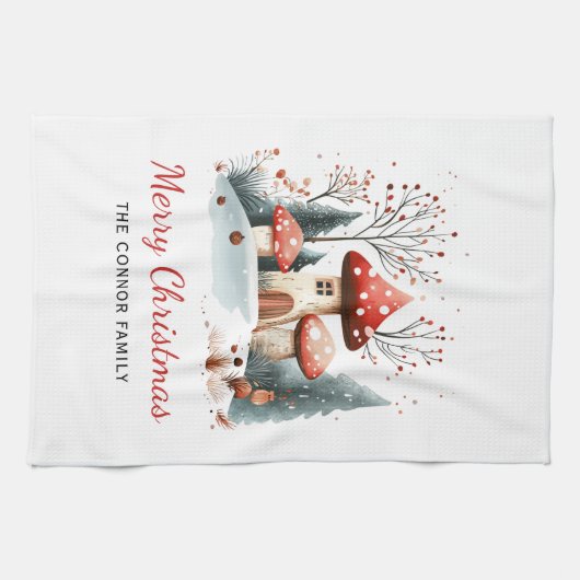 水彩冬の森のクリスマスファミリー キッチンタオル (横)