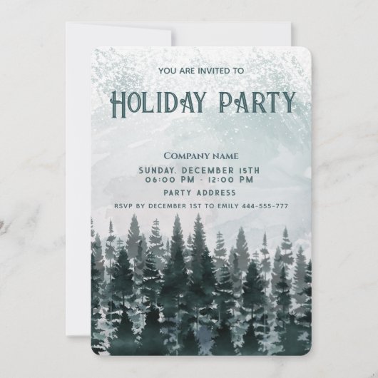 水彩冬の森のホリデーパーティー企業の 招待状 (正面)