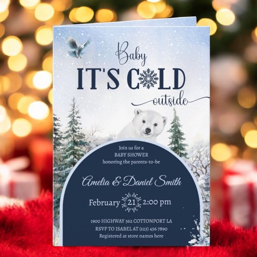 水彩冬の森の熊とフクロウの赤ちゃんシャワー 招待状