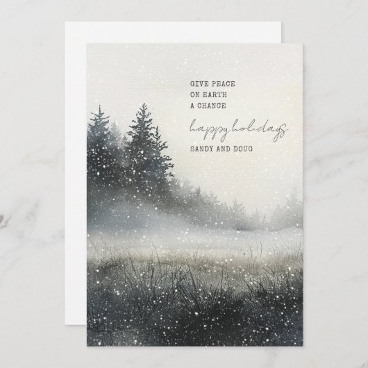 水彩冬の森の雪の平らなホリデーカード シーズンカード (正面/裏面)
