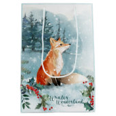 水彩冬の森の風景、フォックスクリスマス ミディアムペーパーバッグ (裏面)