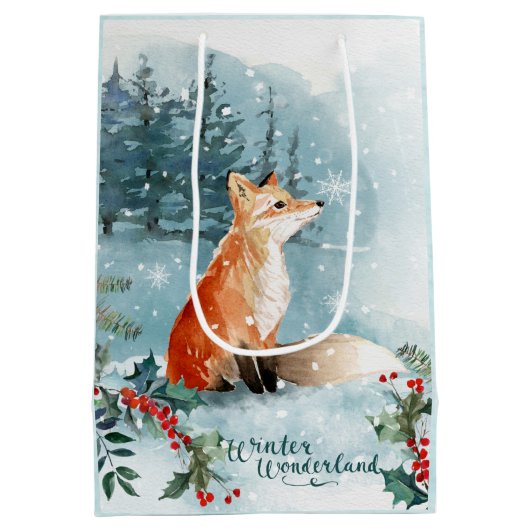 水彩冬の森の風景、フォックスクリスマス ミディアムペーパーバッグ (裏面)