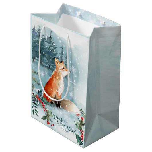 水彩冬の森の風景、フォックスクリスマス ミディアムペーパーバッグ (裏面アングル)