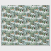 水彩冬の森の鹿のクリスマス ラッピングペーパー (フラット)