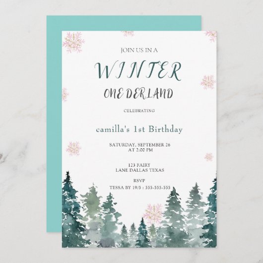 水彩冬の森オーネダーランド1歳の誕生日 招待状 (正面/裏面)