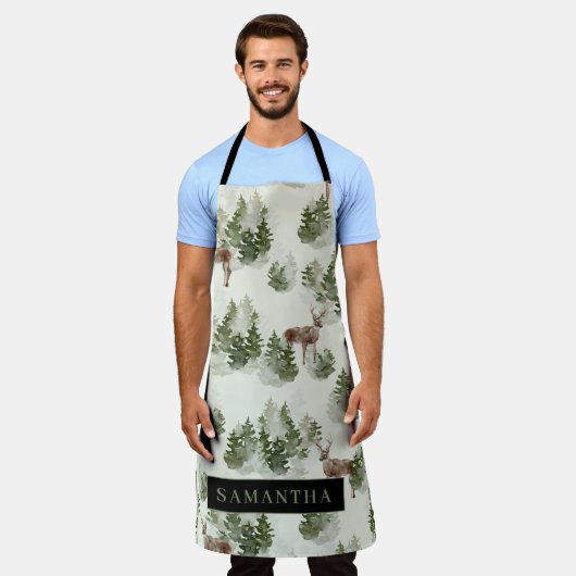 水彩冬の森シームレスパターン エプロン (着用した状態)