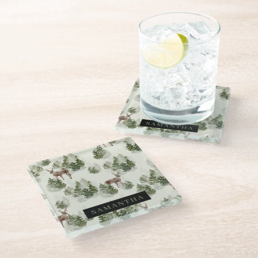 水彩冬の森シームレスパターン ガラスコースター (アングル)