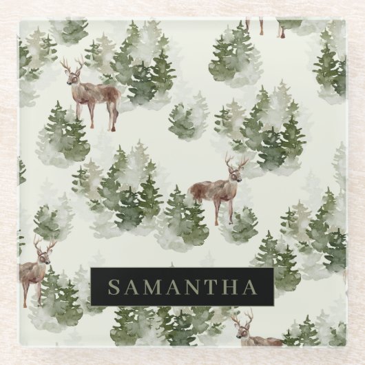 水彩冬の森シームレスパターン ガラスコースター (正面)