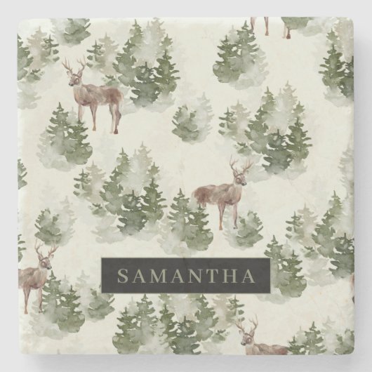 水彩冬の森シームレスパターン ストーンコースター (正面)