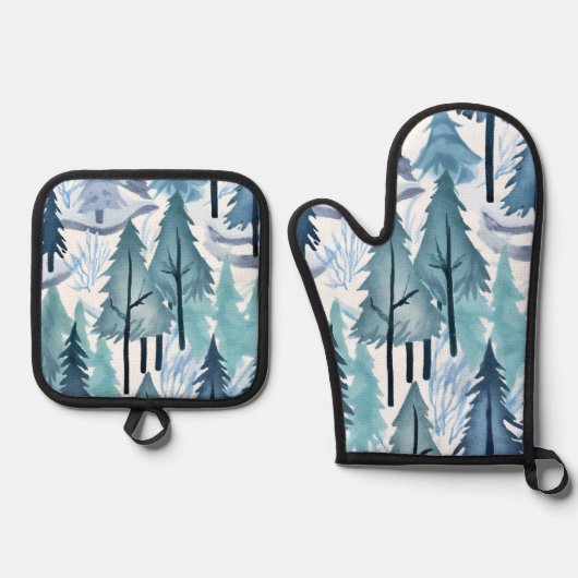 水彩冬の森シームレスパターン 鍋つかみ&鍋敷きセット (正面)