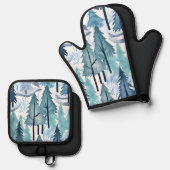 水彩冬の森シームレスパターン 鍋つかみ&鍋敷きセット (正面/裏面)