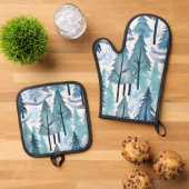 水彩冬の森シームレスパターン 鍋つかみ&鍋敷きセット (トップダウン)