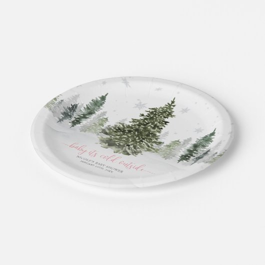 水彩冬の森ピンクの赤ちゃんシャワー ペーパープレート (アングル)