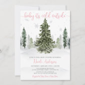 水彩冬の森ピンクの赤ちゃんシャワー 招待状 (正面)