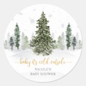 水彩冬の森金ゴールド赤ちゃんシャワー ラウンドシール (正面)