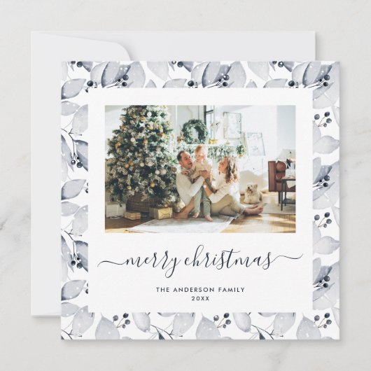 水彩冬の植物フォトクリスマスカード シーズンカード (正面)