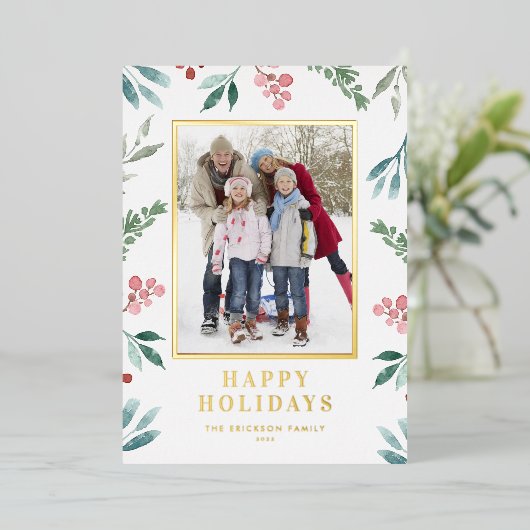 水彩冬の植物フレーム写真 箔シーズンカード (立ち正面)