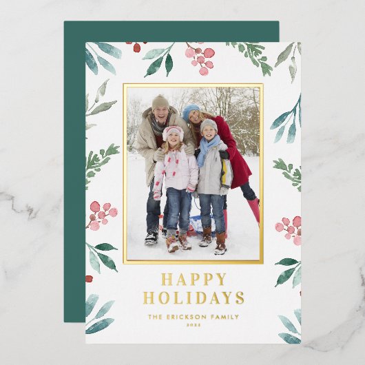 水彩冬の植物フレーム写真 箔シーズンカード (正面/裏面)