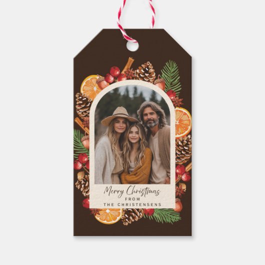 水彩冬の植物写真クリスマス ギフトタグ (正面)