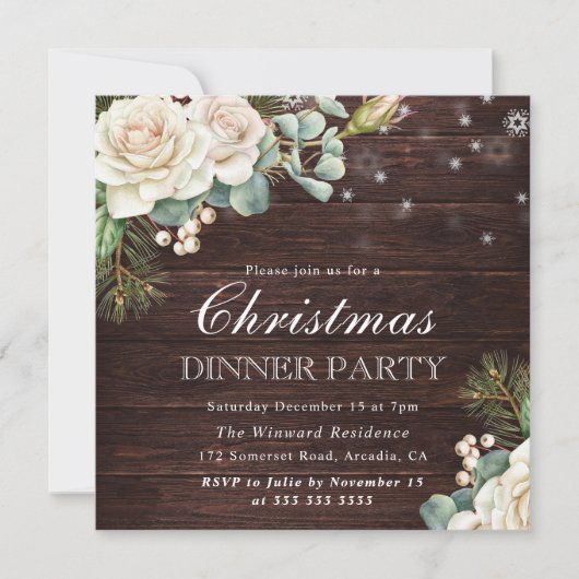 水彩冬の白ローズクリスマスディナー 招待状 (正面)