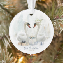 水彩冬の白鳥カップル