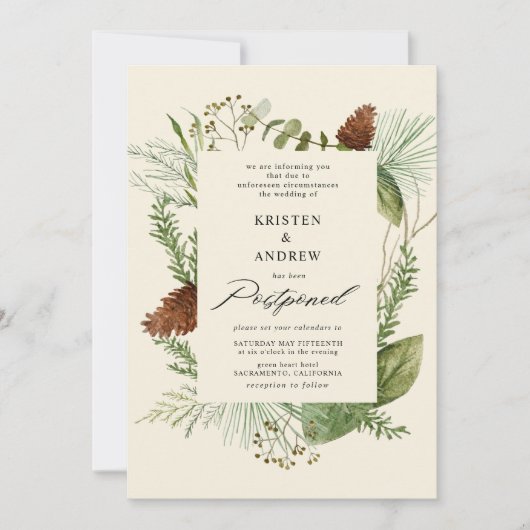 水彩冬の緑が延期さ結婚れた 招待状 (正面)