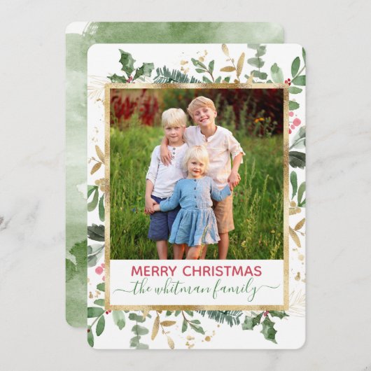水彩冬の緑のクリスマスフォトカード シーズンカード (正面/裏面)