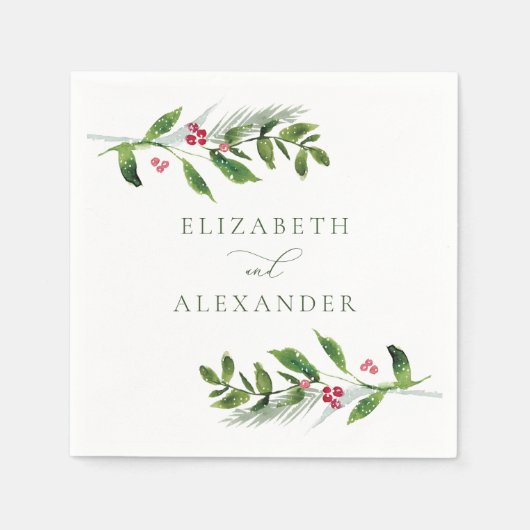 水彩冬の緑のクリスマスモダン スタンダードカクテルナプキン (正面)