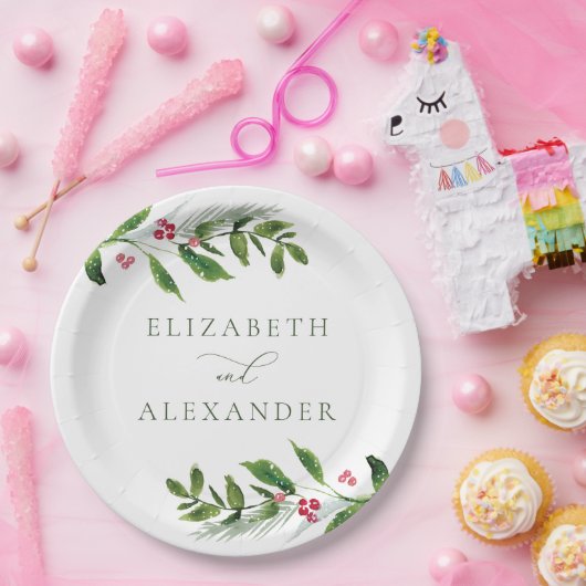 水彩冬の緑のクリスマスモダン ペーパープレート (パーティー)