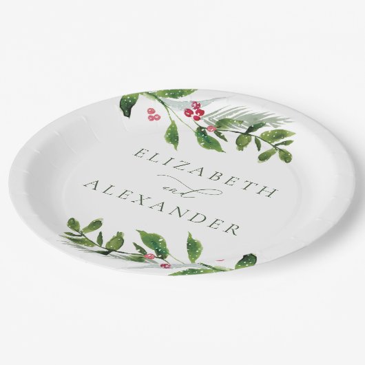 水彩冬の緑のクリスマスモダン ペーパープレート (アングル)