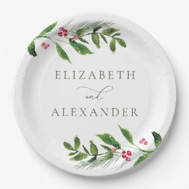 水彩冬の緑のクリスマスモダン ペーパープレート