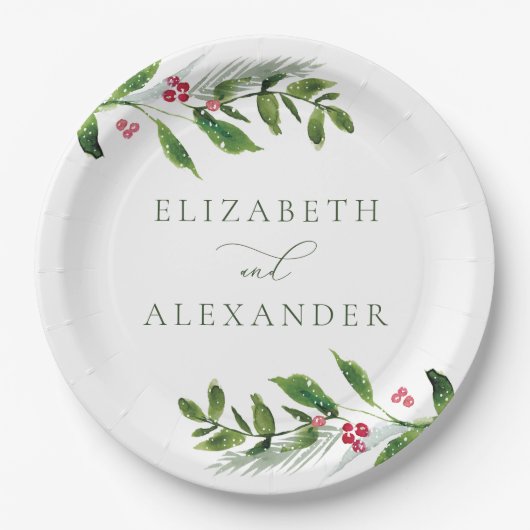 水彩冬の緑のクリスマスモダン ペーパープレート (正面)