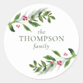 水彩冬の緑のクリスマスモダン ラウンドシール (正面)