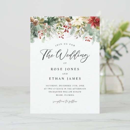 水彩冬の緑のクリスマス結婚の 招待状 (スタンド正面)