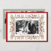 水彩冬の緑のフレームのクリスマスカード サンキューカード (正面/裏面)